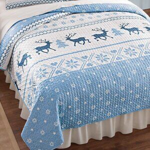 King Reversible Caribou Snowflake Winter Quilt Light Blue and White